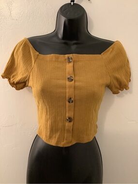 Off-Shoulder Mustard Ribbed Button-Front Crop Top
